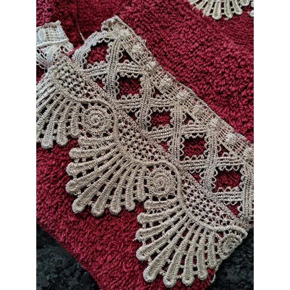 Vintage Burgundy Hand Towels & Washcloths (2 Each) with Cream Lace